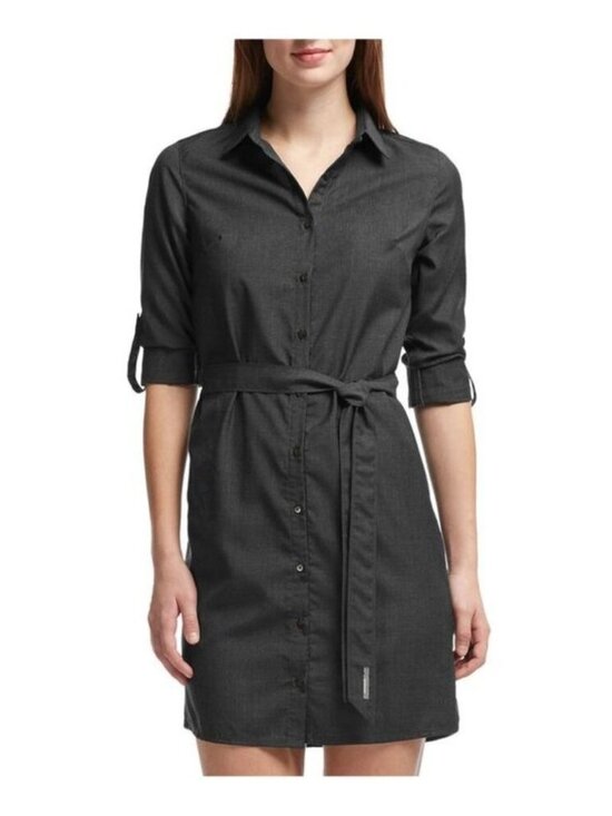icebreaker Dresses & Skirts - ICEBREAKER 100% Merino Wool "Destiny" Belted Pocket Shirt Dress Charcoal Gray S
